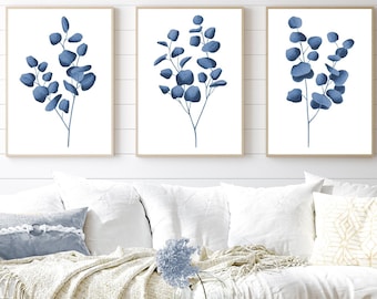Navy blue Eucalyptus art print Navy blue wall art Coastal print set of 3 prints Minimalist wall decor Blue Botanical print Indigo wall art