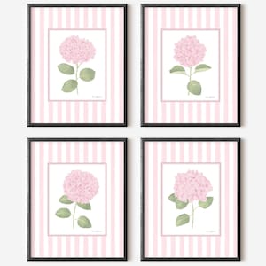 Striped floral art Pink hydrangea prints set of 4 Watercolor hydrangea wall art Chinoiserie wall art Grandmillennial art Cottage core decor