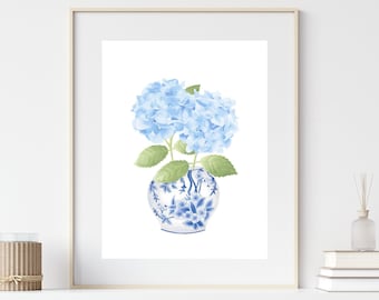 Blue chinoiserie art Ginger jar painting Blue Hydrangea print Ginger jar print  Chinoiserie wall art Blue and white china vase China print