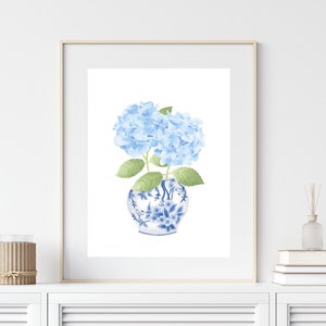 Blue chinoiserie art Ginger jar painting Blue Hydrangea print Ginger jar print  Chinoiserie wall art Blue and white china vase China print