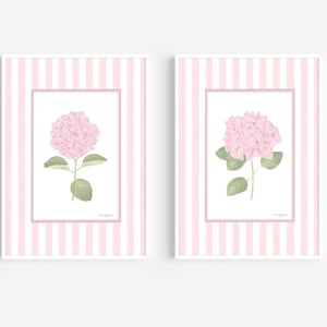 French country wall art Pink hydrangea print set of 2 Striped art Grandmillennial art Hydrangea wall art Floral art print Botanical prints