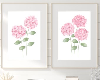 Pink hydrangea painting Hydrangea print set of 2 Hydrangea art print Watercolor botanical prints French country art Cottage wall decor gift