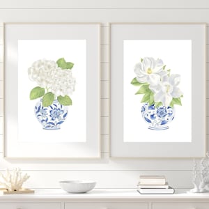Blue chinoiserie print set 2 Magnolia painting Ginger jar painting Hydrangea print Chinoiserie wall art Blue and white china print Blue vase