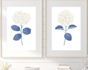 White hydrangea painting Navy blue wall art set of 2 Hydrangea print Navy blue coastal wall art Botanical prints Floral navy blue prints