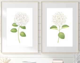 White hydrangea print Hydrangea watercolor flowers Hydrangea painting Botanical print set 2 Modern Farmhouse wall art Floral wall decor gift