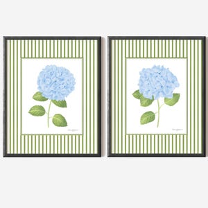 Eclectic wall art Hydrangea wall art Blue hydrangea print set 2 Grand millennial art Striped floral art French country art Botanical prints