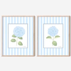 French country wall art Striped art Blue hydrangea print set 2 Grandmillennial art Hydrangea wall art Floral art Coastal granddaughter print