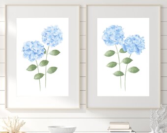 Blue hydrangea painting Hydrangea print set of 2 Watercolor hydrangea gift Botanical print Modern Farmhouse wall art Blue Floral wall decor