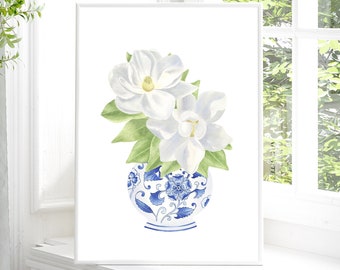 Blue chinoiserie print Magnolia print Chinoiserie wall art Ginger jar print Magnolia painting Blue and white china print China vase gift