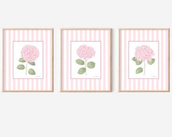 Eclectic wall art Hydrangea wall art Pink hydrangea print set 3 Grand millennial art Striped floral art Coastal granddaughter print Dorm art