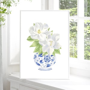 Blue chinoiserie print Magnolia print Chinoiserie wall art Ginger jar print Magnolia painting Blue and white china print China vase gift
