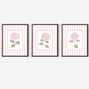 Grandmillenial art Pink hydrangea print Striped art print Light pink wall art set 3 Watercolor hydrangea wall art Floral preppy wall art