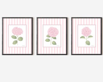 Grandmillenial art Pink hydrangea print Striped art print Light pink wall art set 3 Watercolor hydrangea wall art Floral preppy wall art