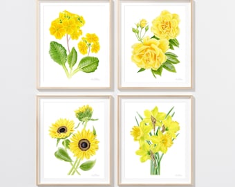 YELLOW FLOWER ART print set of 4, yellow flower watercolor painting, yellow botanical print, yellow watercolor flower, wall art, home decor