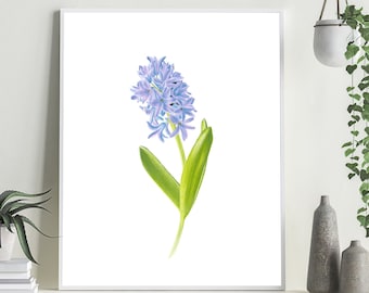 BLUE HYACINTH PRINT, hyacinth watercolor painting, hyacinth wall art, blue floral artwork, spring flower botanical blue flower gift for mom
