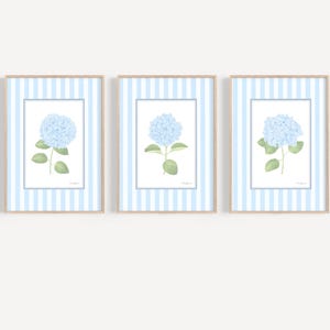 Grandmillennial art Striped art print set 3 Blue hydrangea wall art Coastal granddaughter wall art Eclectic wall art French country wall art