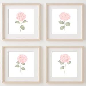 Pink hydrangea print set of 4 Watercolor Hydrangea wall art Hydrangea painting Floral botanical prints Girl nursery wall art Girl room decor