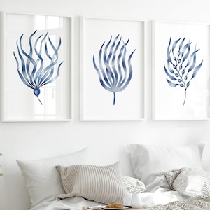 Blue seaweed print set 3 Coastal wall art Nautical wall art Beach house decor Navy blue wall art Blue coral watercolor art Sea life painting
