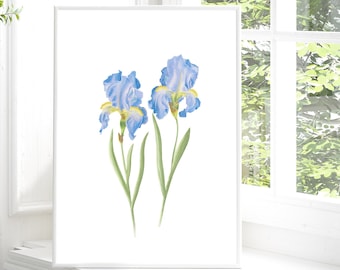 BLUE IRIS PAINTING, bearded iris print, iris wall decor, living room wall art, iris watercolor flower artwork, iris botanical print, bedroom