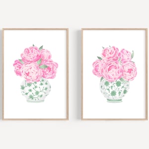 Pink and green prints Chinoiserie wall art Light pink wall art set 2 Peony print Sage green ginger jar print Preppy wall art Dorm wall decor