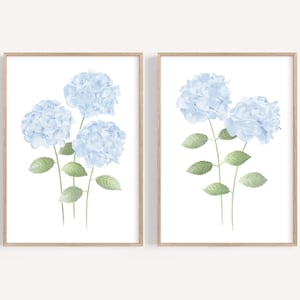 Light Blue hydrangea print set of 2 Hydrangea painting Modern minimalist watercolor Hydrangea wall art Botanical artwork Coastal wall art
