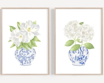 Blue chinoiserie print set 2 Hydrangea print Magnolia painting Ginger jar painting Chinoiserie wall art Blue and white china print Vase gift