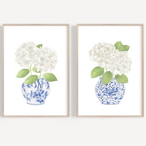 Blue chinoiserie print set of 2 Hydrangea print Ginger jar painting Chinoiserie wall art Hydrangea painting Oriental vase Blue white china