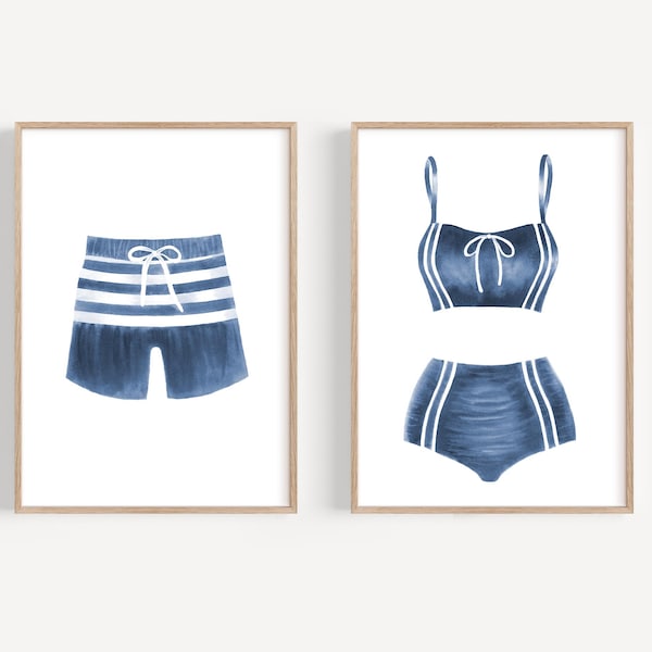 Conjunto de 2 impresiones artísticas de trajes de baño vintage, arte de pared de playa, decoración de pared náutica, arte de pared azul marino, arte de traje de baño, arte de pared costero, decoración de casa de lago