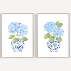 Blue chinoiserie print set of 2 Blue Hydrangea print Blue and white vase Ginger jar painting Chinoiserie wall art Hydrangea painting China