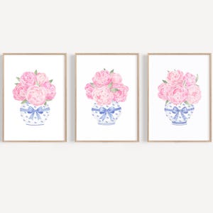 Coquette wall art set 3 Pink and blue wall art Blue chinoiserie wall art Peony wall art Bow wall art Ginger jar dorm decor Preppy wall art