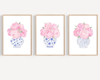 Blue chinoiserie print set 3 Pink peonies print Ginger jar print Peony painting Chinoiserie wall art Peony art Blue and white china vase