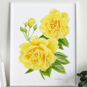 YELLOW ROSE FLOWER art print, yellow rose watercolor painting, yellow rose botanical print, yellow rose wall decor, yellow rose wall art