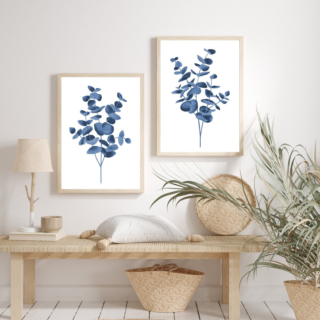 Royal Blue Wall Art Navy Blue Eucalyptus Art Print Set of 2 Prints