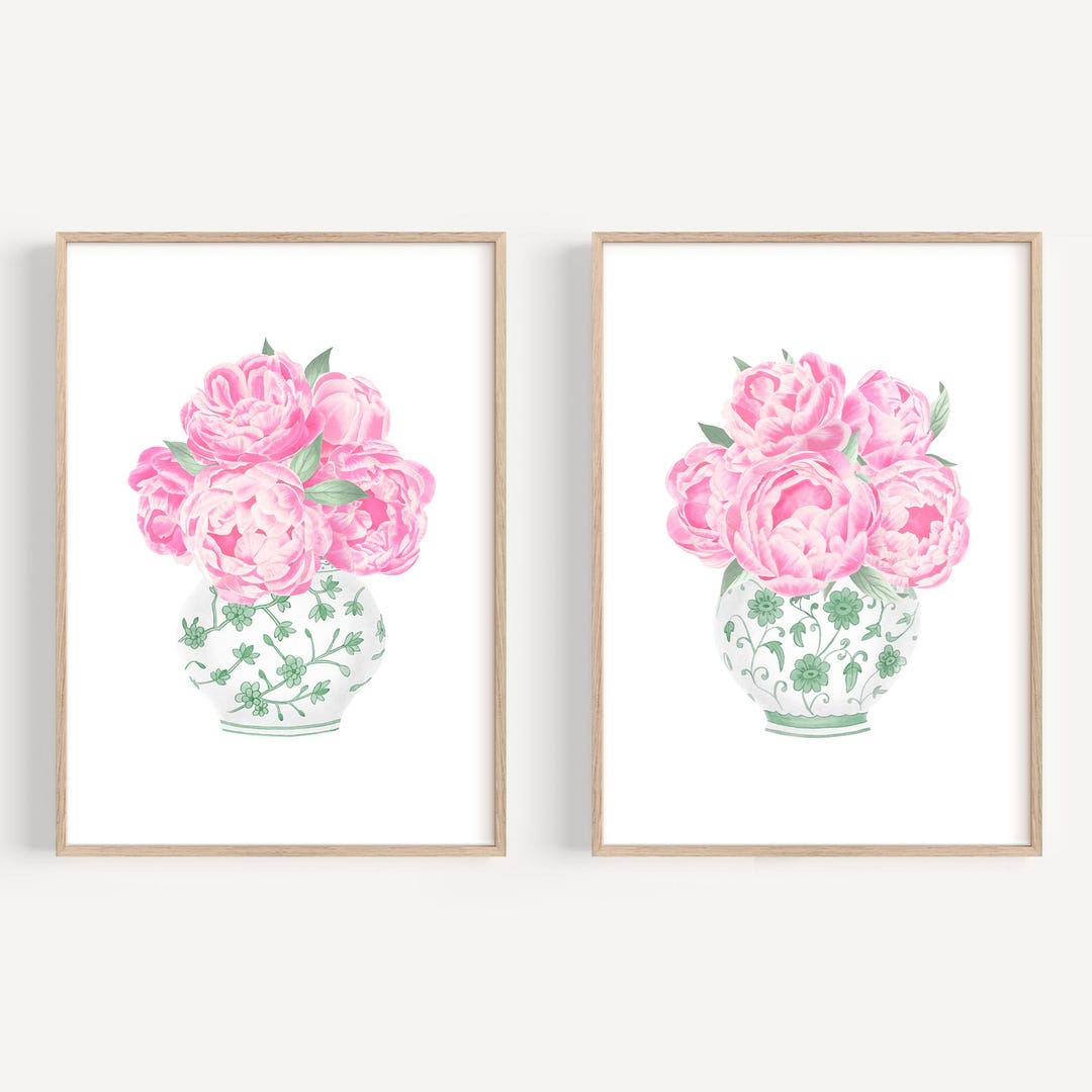 Pink and Green Prints Chinoiserie Wall Art Light Pink Wall Art Set 2 ...