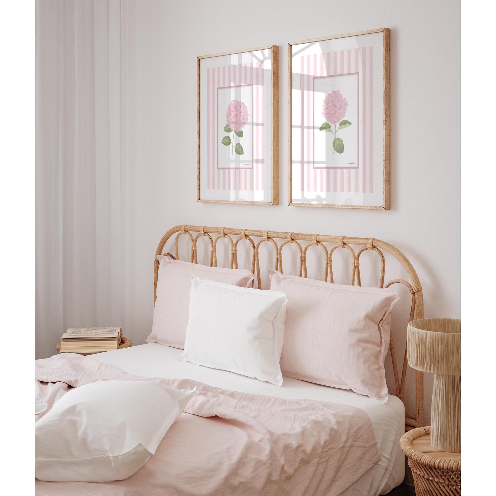 Striped Floral Art Prints Set 2 Pink Hydrangea Wall Art Grandmillennial ...