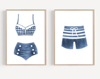 Vintage beach print set 2 Vintage style watercolor swimsuit print Coastal wall art Blue beach house decor Summer wall art Beach cottage art