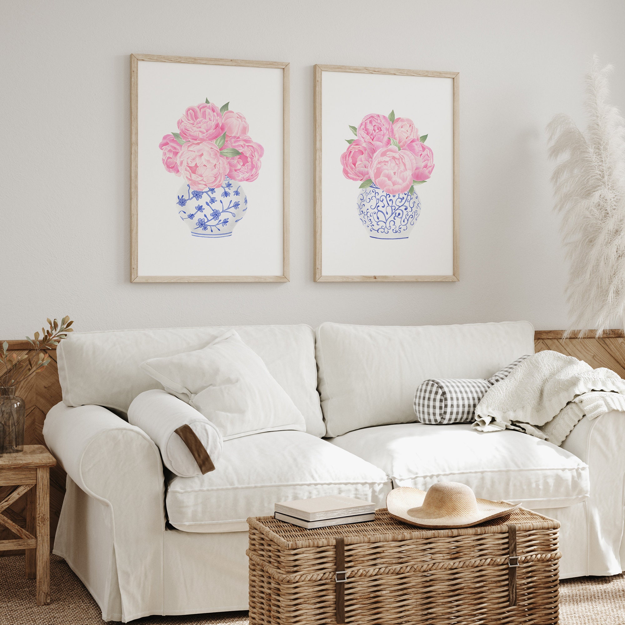 Blue Chinoiserie Wall Art Pink Peony Painting Ginger Jar Print Set 2 ...
