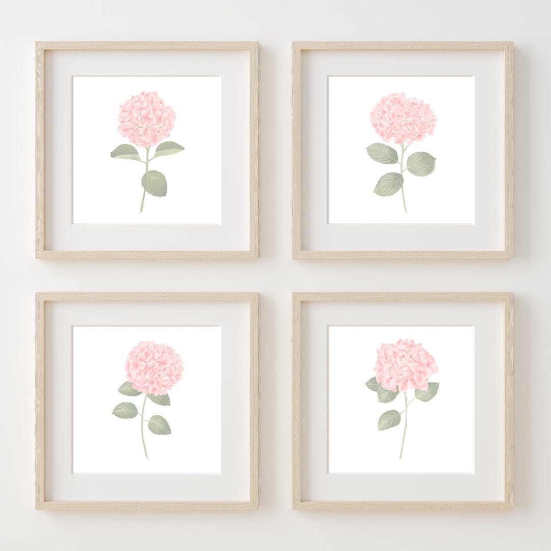 Pink Hydrangea Print Set of 4 Watercolor Hydrangea Wall Art Hydrangea ...