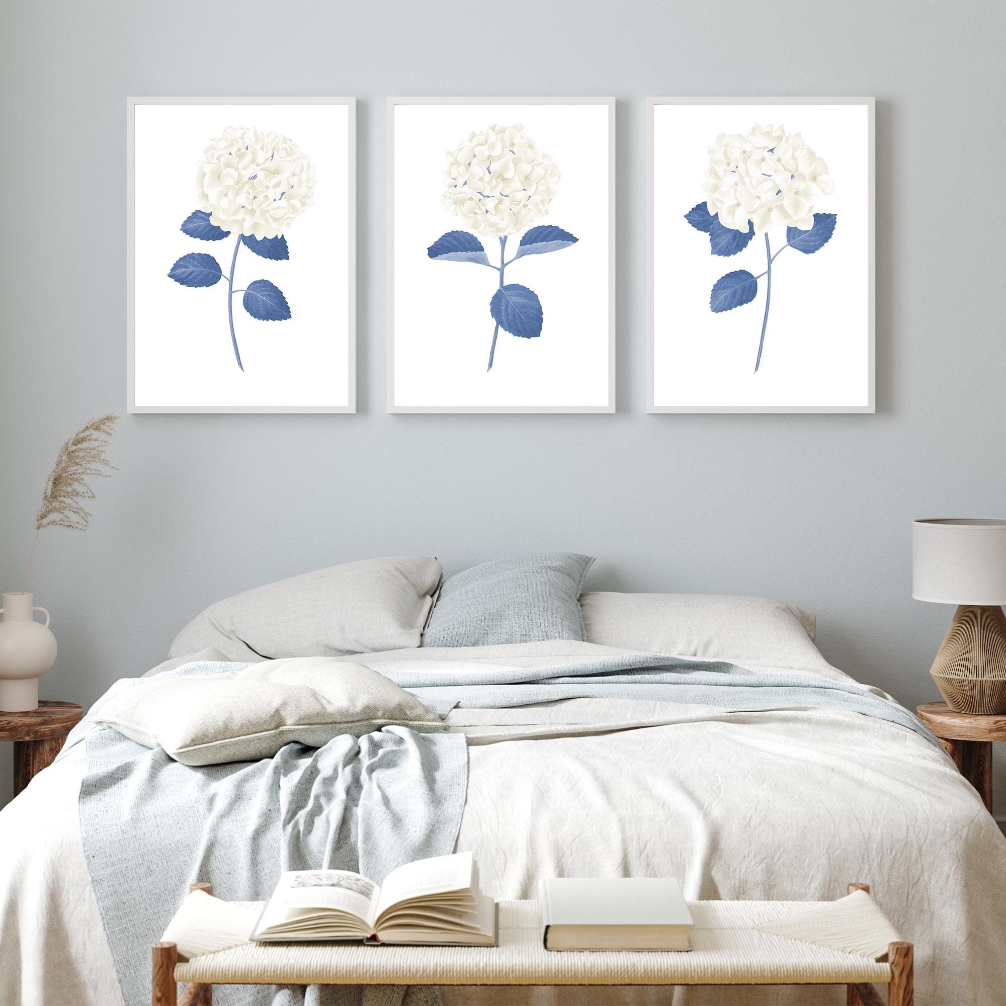 White Hydrangea Print Set of 3 Navy Blue Wall Art Hydrangea Wall Art ...