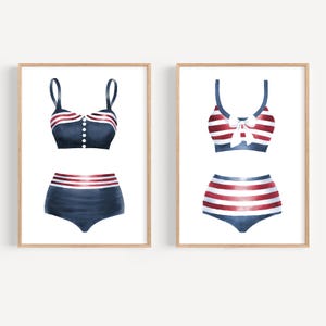 Vintage style swimsuit art prints 2 Watercolor bathing suit art White red and blue wall art Beach House decor Lake House decor Bathroom art