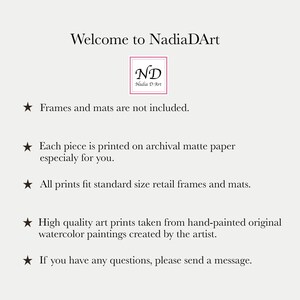 May include: Welcome to NadiaDArt.  Frames and mats are not included. Each piece is printed on archival matte paper especially for you. All prints fit standard size retail frames and mats. High quality art prints taken from hand-painted original watercolor paintings created by the artist. If you have any questions, please send a message.