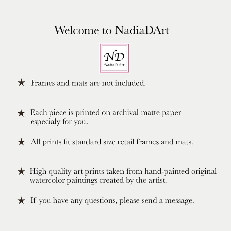 May include: Welcome to NadiaDArt.  Frames and mats are not included. Each piece is printed on archival matte paper especially for you. All prints fit standard size retail frames and mats. High quality art prints taken from hand-painted original watercolor paintings created by the artist. If you have any questions, please send a message.