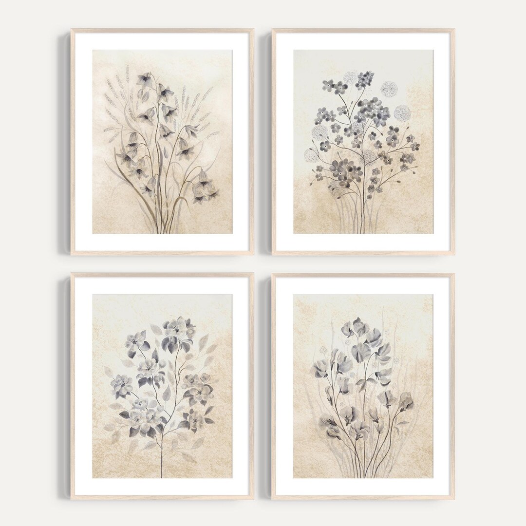 Wildflower Print Set of 4 Vintage Painting Neutral Wall Prints Rustic ...