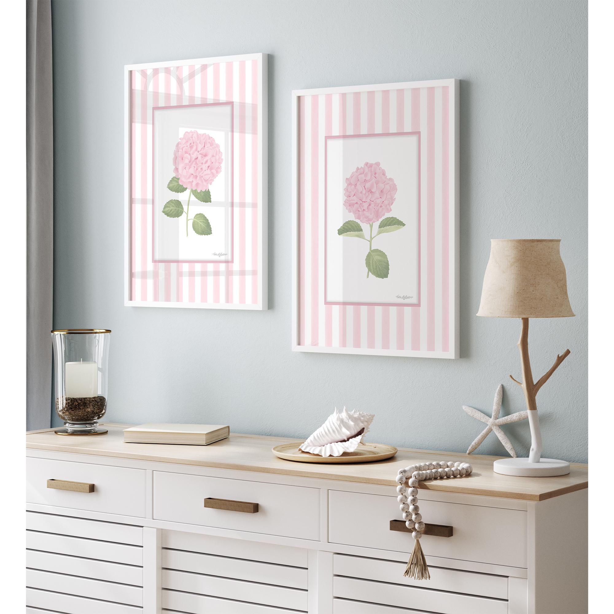 Striped Floral Art Prints Set 2 Pink Hydrangea Wall Art Grandmillennial ...
