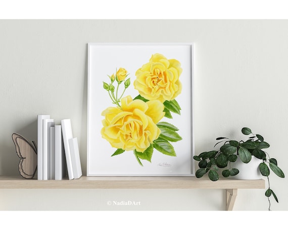 YELLOW ROSE FLOWER art print, yellow rose watercolor painting, yellow rose botanical print, yellow rose wall decor, yellow rose wall art