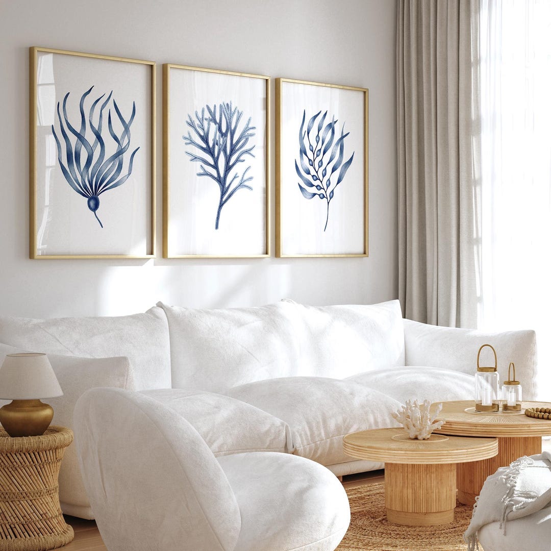 Navy Blue Wall Art Set of 3 Prints Blue Coral Prints Seaweed Artwork ...