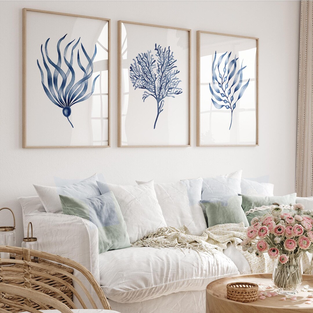Watercolor Coral Art Set of 3 Prints Seaweed Painting Navy Blue Wall ...