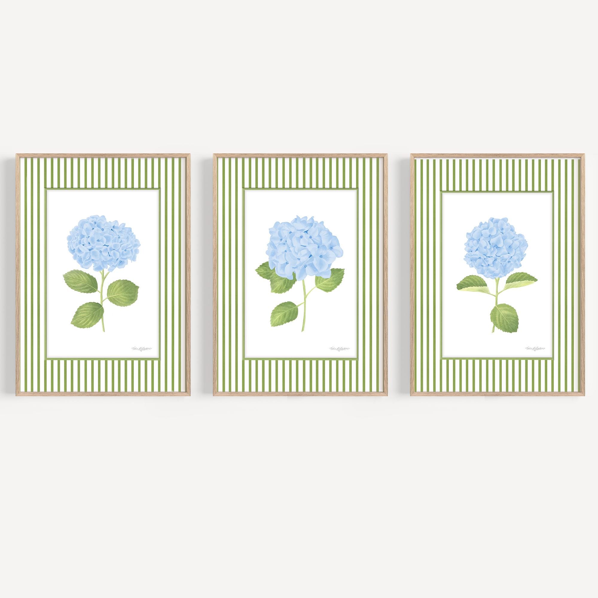 Striped floral art prints set of 3 Blue hydrangea wall art Grandmillenial art Watercolor flower Eclectic wall art French country wall art