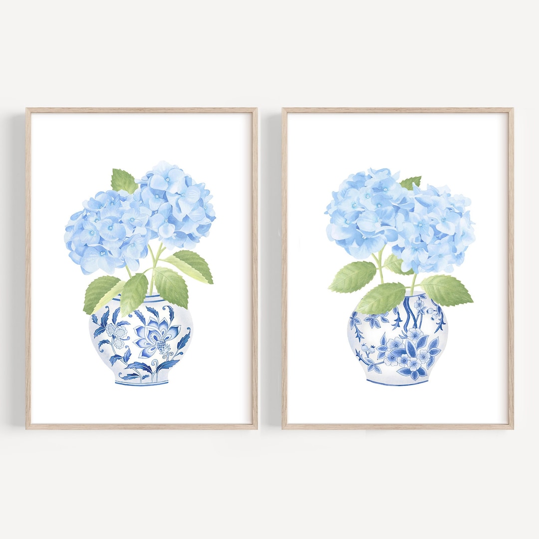 Blue Chinoiserie Wall Art Ginger Jar Print Set 2 Hydrangea Painting ...