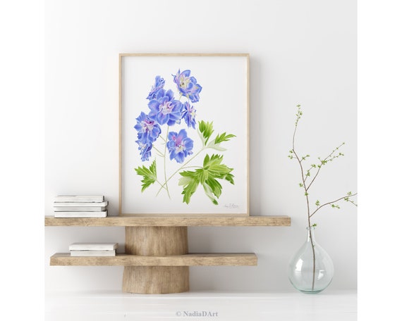 Mom gift Delphinium watercolor painting Delphinium flowers Original art Blue flowers artwork Blue floral painting Bedroom wall decor